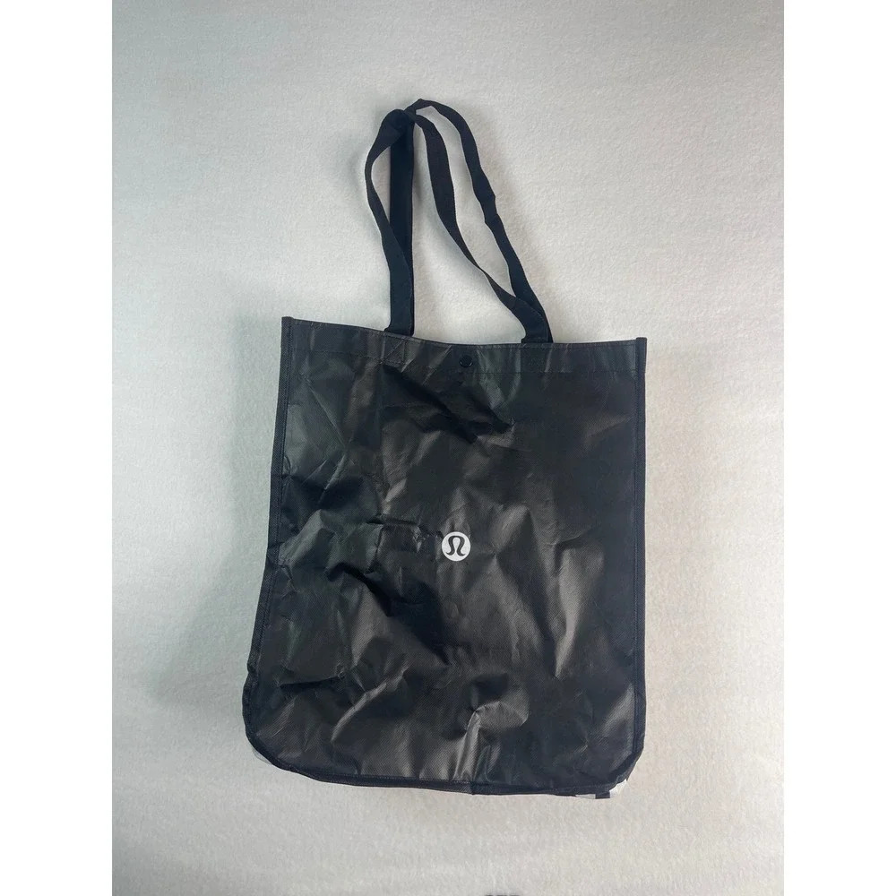 Lululemon Reusable Shopping Tote Bag‎ Black White Logo Snap Small Medium Shopper
